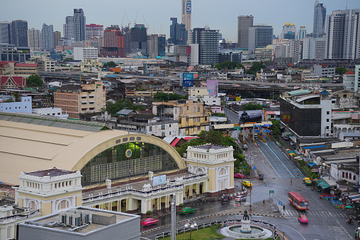 The old Bangkok central train station during the rainy season