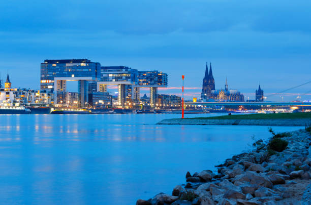 istock Cologne Cathedral and Rheinau Harbor (Rheinauhafen) at night 684735350