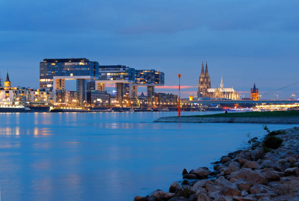 istock Cologne Cathedral and Rheinau Harbor (Rheinauhafen) at night 684735580