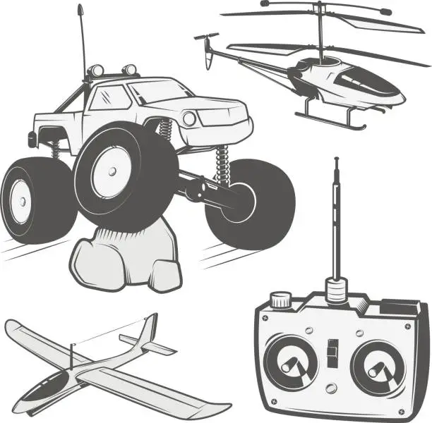 Vector illustration of Set of radio controlled machine emblems,RC, radio controlled toys design elements for emblems, icon, tee shirt ,related emblems, labels