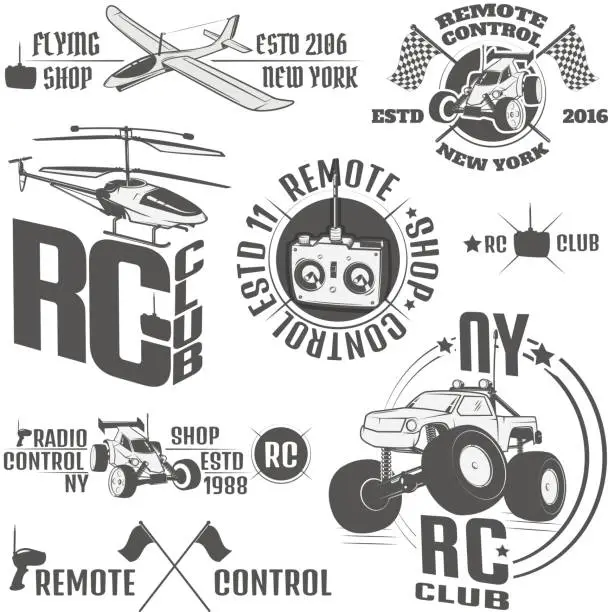 Vector illustration of Set of radio controlled machine emblems,RC, radio controlled toys design elements for emblems, icon, tee shirt ,related emblems, labels
