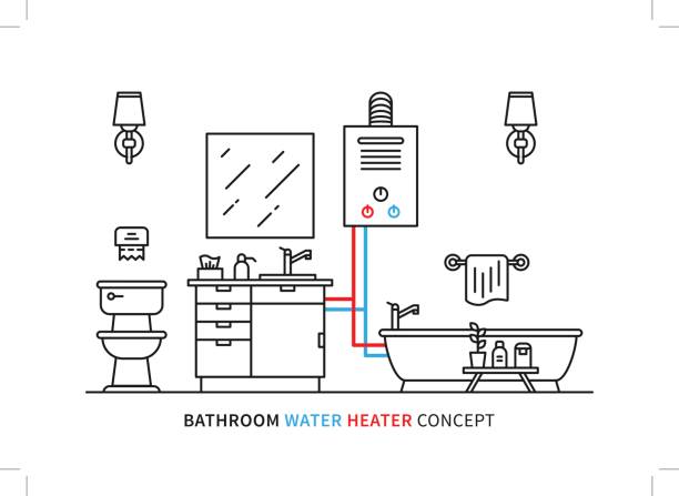 Bathroom water heater geyser vector illustration Bathroom water heater geyser vector illustration. Bathroom interior with domestic boiler graphic design. bathroom geyser stock illustrations