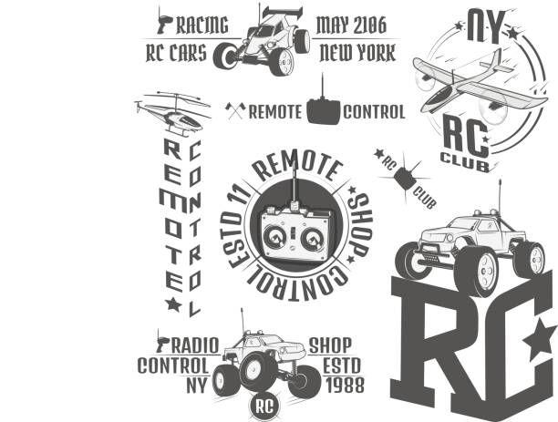 ilustrações, clipart, desenhos animados e ícones de conjunto de rádio de emblemas, rc, rádio controlado máquina controlada de elementos de design de brinquedos para emblemas, ícone, t-shirt, emblemas relacionadas, rótulos - off road vehicle audio