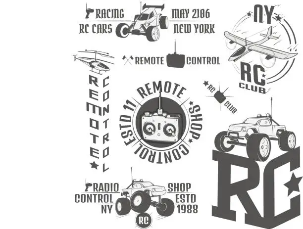 Vector illustration of Set of radio controlled machine emblems,RC, radio controlled toys design elements for emblems, icon, tee shirt ,related emblems, labels