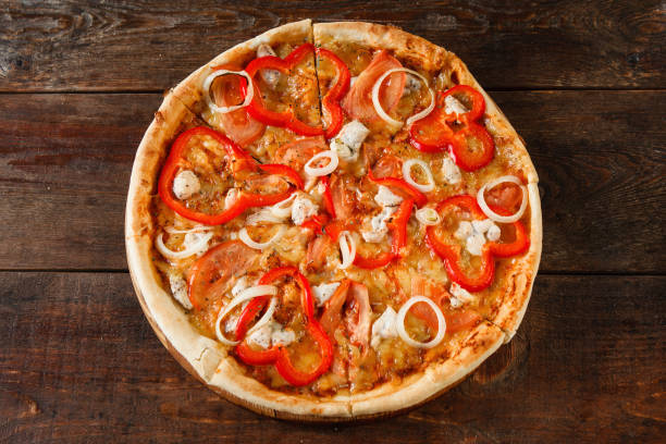 istock Bright colorful pizza on wooden table, flat lay 684757714