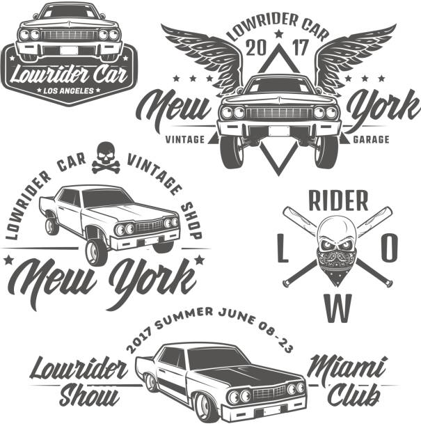 набор автомобилей lowrider, lowrider, lowrider машина, lowrider для эмблем и дизайна. - low rider stock illustrations
