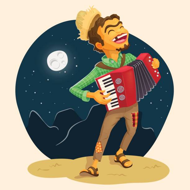 illustrazioni stock, clip art, cartoni animati e icone di tendenza di contadino felice che suona la fisarmonica - accordion