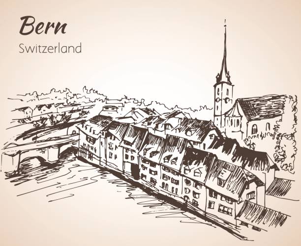 베른 시티 뷰 스케치. 스위스. - berne canton illustrations stock illustrations