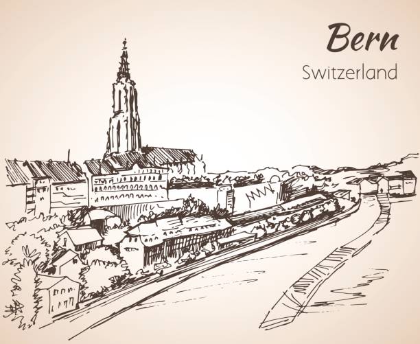 берн вид эскиз. швейцария. - berne switzerland europe bridge stock illustrations