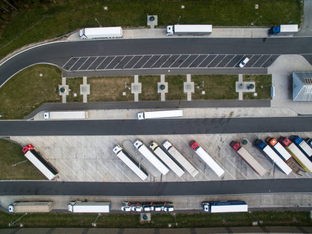 istock Aerial view of a bus station 684789930