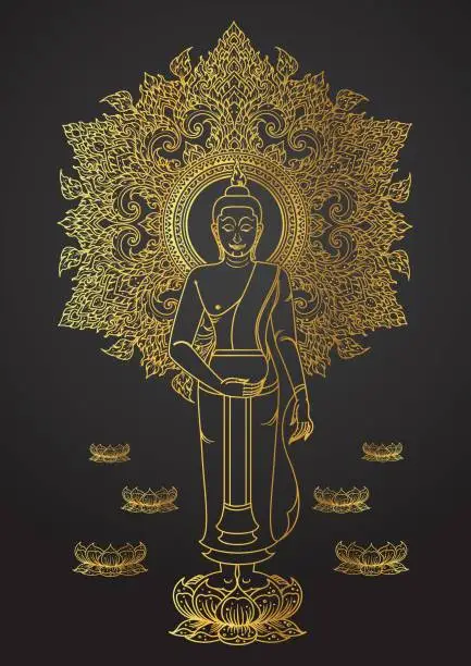 Vector illustration of thai tradition Of Buddha stand on lotus gold color outline.illustration vector