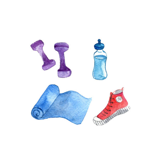 ilustrações, clipart, desenhos animados e ícones de conjunto de doodle aquarela esporte - illustration and painting pencil drawing image sports shoe