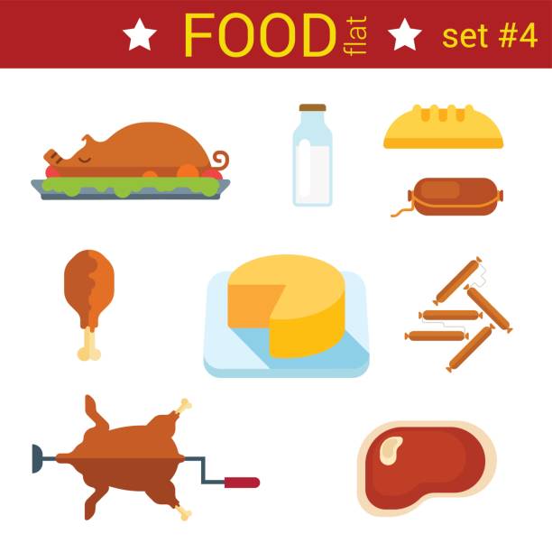 평면 디자인 식품 벡터 아이콘 세트입니다. 돼지 구이, 우유, saussage, 치즈, 치킨, 빵, 그릴 및 구운. 음식 컬렉션입니다. - saussage stock illustrations