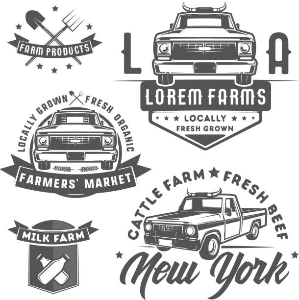 ilustrações de stock, clip art, desenhos animados e ícones de set of farm truck for emblem,emblems and design. - homegrown produce wheat organic crop