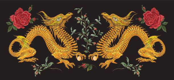 자 수 동양 용과 장미 꽃 패턴입니다. - oriental dragon stock illustrations