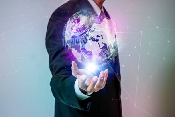 istock world technological stereoscopic vision on a business person's hand, IoT(Internet of Things), conceptual abstract 684807446