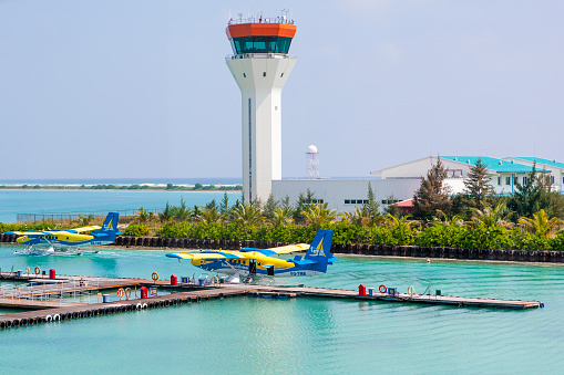 MALE, MALDIVES - DECEMBER 07 2016: hydroplane at Male airport, Maldives, December 07, 2016