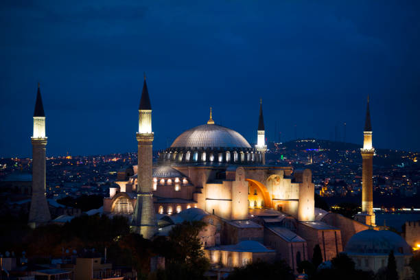 Illuminated Hagia Sophia, Ayasofya at dusk in İstanbul Turkey stock photo
