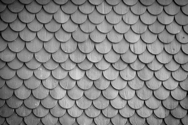 istock Monochrome wood tiling roof wall texture background 684848510