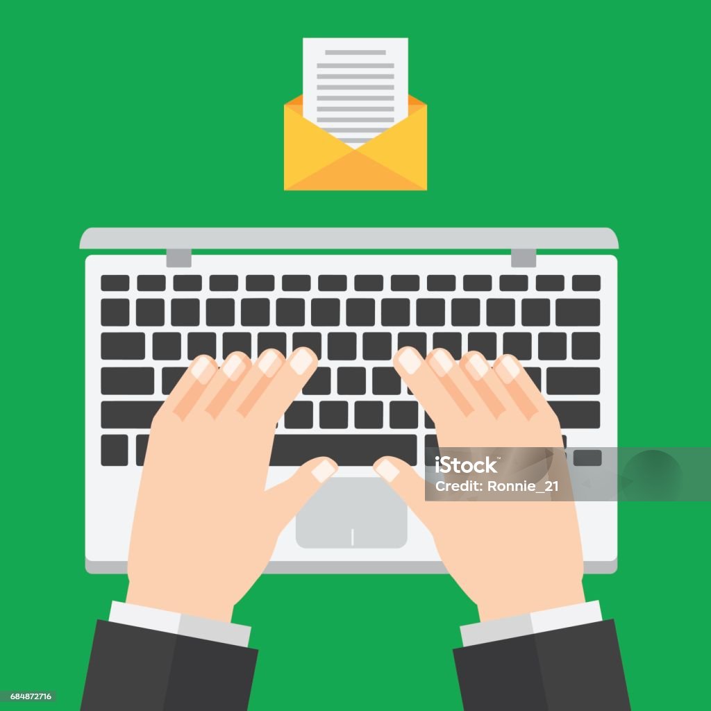 Email Writing Hand Computer Man Working With Computer Hand Typing Message And Email Vector ...