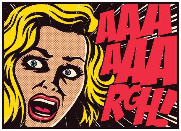 ilustraciones, imágenes clip art, dibujos animados e iconos de stock de mujer pop art comics panel pánico gritando en la ilustración de vector de miedo - mouth open illustrations