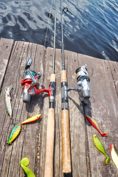 istock Fishing equipment with artificial spinning lures. 684873364