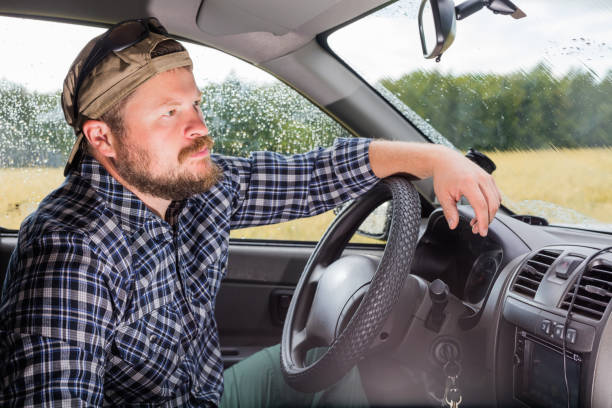 istock Bearded man sitting in a car cabin 684873858