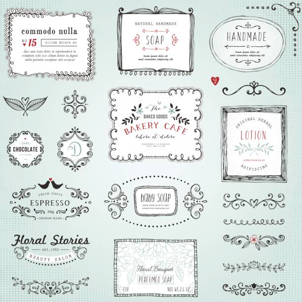 ilustrações de stock, clip art, desenhos animados e ícones de hand drawn labels - pattern design sign cafe