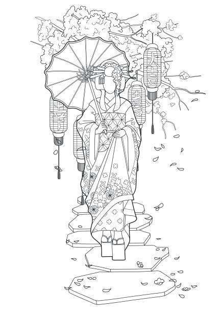 Graphic geisha with umbrella Graphic asian girl in traditional clothes with umbrella walking on the stone path among cherry branches and lanterns. Translation of the hieroglyphs -joy, great luck, happiness. geisha costume stock illustrations