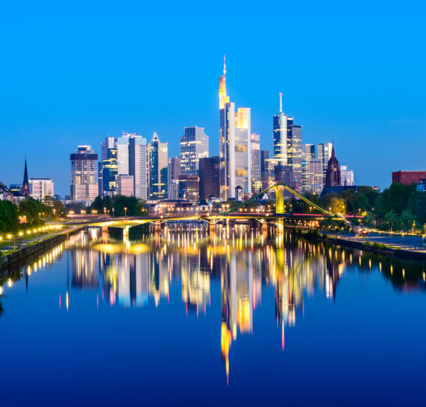 istock Frankfurt City skyline and Main river reflection at twilight, Germany 684883934