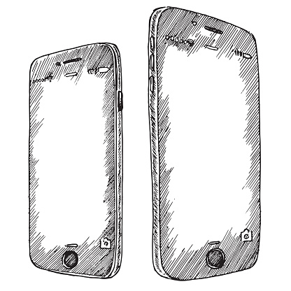 Engraving style crosshatch vector lineart illustration of Apple iPhone 6 and Apple iPhone 6 Plus new 2014 presented smartphones.