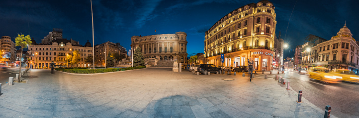 Bucharest: Panoramic view of Military Circle, Calea Victoriei and Grand Hotel du Boulevard in Bucharest city center.