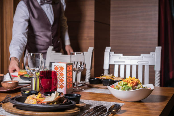 mexicon fajitas Salad and dessert in a restaurant ready for service dining multi colored.