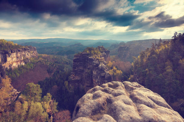 istock Misty valley, sharp rocks gentle cut creamy fog to strips. Long deep valley full of fresh spring mis 684939028