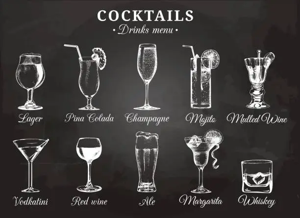 Vector illustration of Cocktail glasses vector illustrations for drink menu. Hand drawn sketches set of alcoholic beverages: beer, pina colada, mojito, margarita, vodkatini, champagne, mulled wine, red wine, whiskey etc.