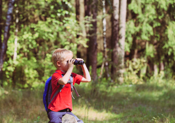 istock little boy travel in nature looking through binoculars 684948090