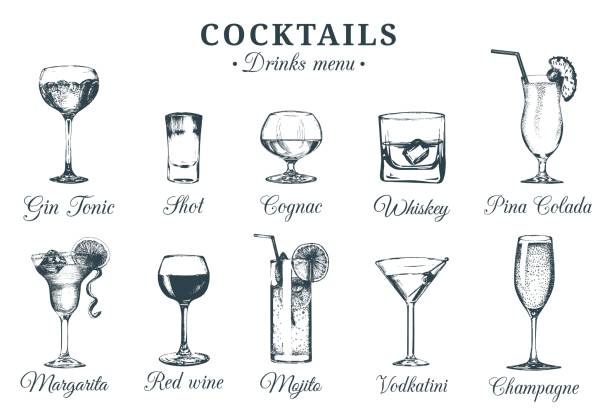 ręcznie szkicowane koktajle okulary. wektorowy zestaw rysunków napojów alkoholowych. restauracja, kawiarnia, menu barowe ilustracje odizolowane. - whisky cocktail alcohol glass stock illustrations