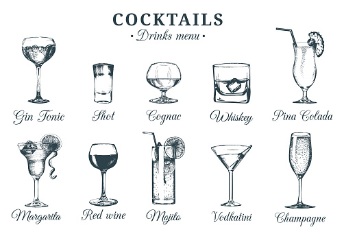 Hand sketched cocktails glasses. Vector set of alcoholic drinks drawings. Restaurant, cafe, bar menu illustrations isolated.