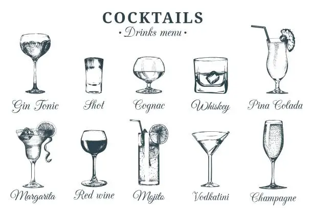 Vector illustration of Hand sketched cocktails glasses. Vector set of alcoholic drinks drawings. Restaurant, cafe, bar menu illustrations isolated.