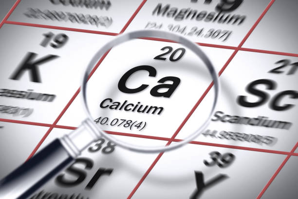 Focus on Calcium chemical element - concept image with the Mendeleev periodic table Focus on Calcium chemical element - concept image with the Mendeleev periodic table fish blood stock pictures, royalty-free photos & images