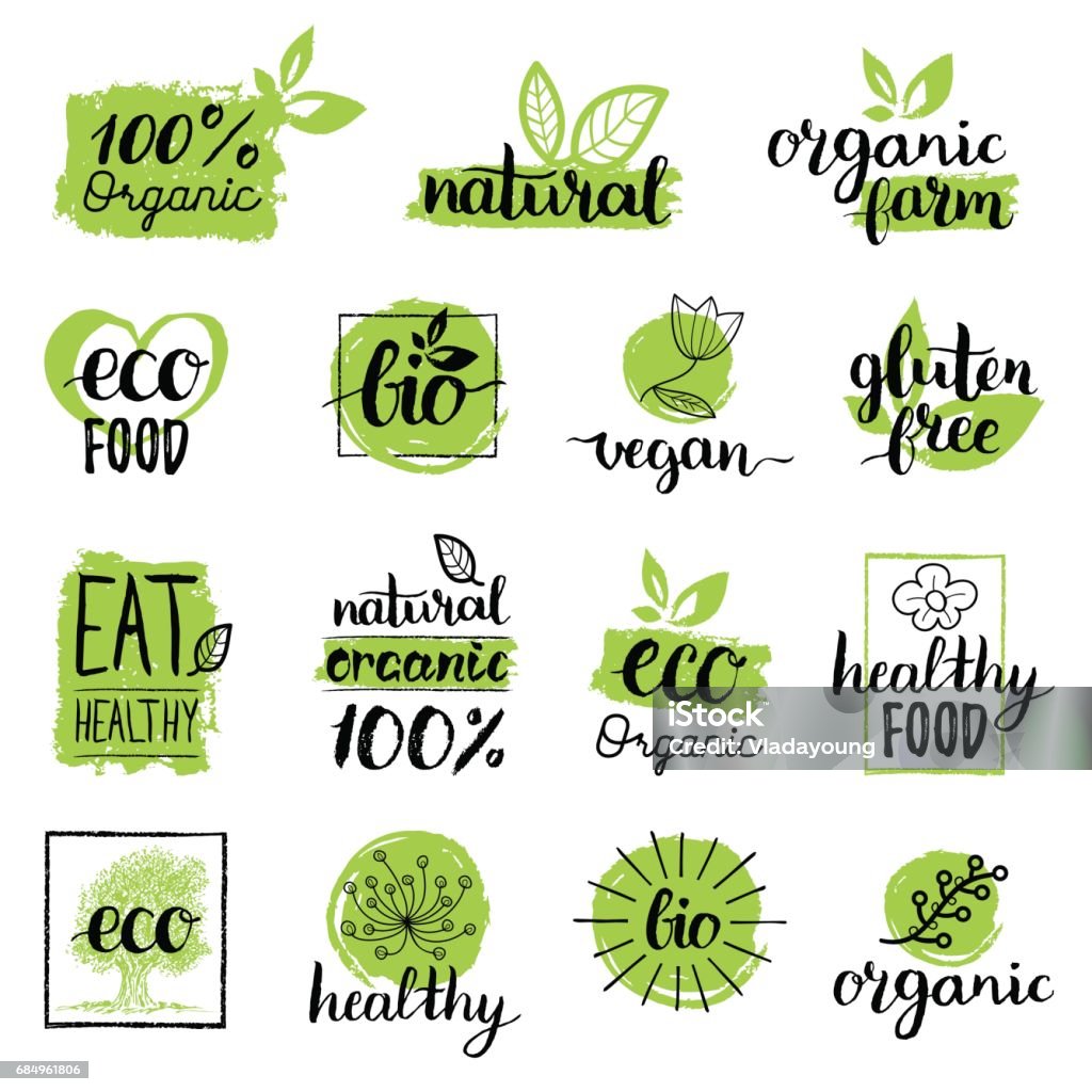 Vector eco, organic, bio signs. Vegan, raw, healthy food badges, tags set for cafe, restaurants, products packaging etc. Nature stock vector