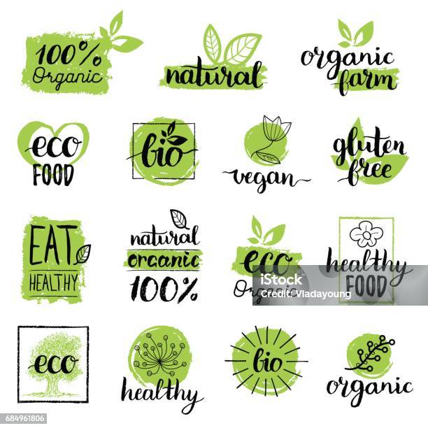 Vector Eco Organic Bio Signs Vegan Raw Healthy Food Badges Tags Set For Cafe Restaurants Products Packaging Etc Stock Illustration - Download Image Now