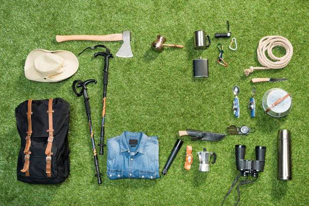 istock Traveler set on grassy background, flat lay 684962924
