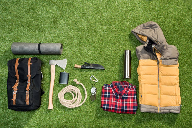 istock Traveler set on grassy background, flat lay 684968096