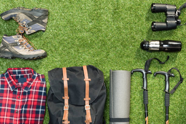 istock Traveler set on grassy background, flat lay 684971322