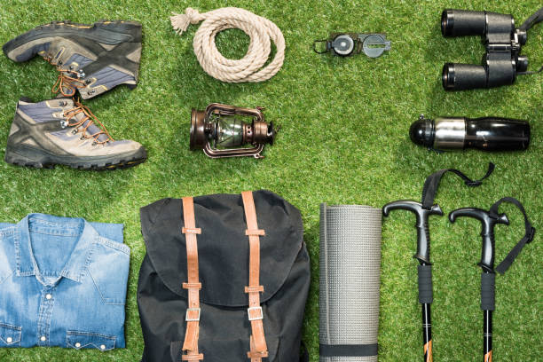 istock Traveler set on grassy background, flat lay 684973412