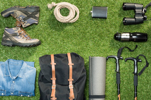 istock Traveler set on grassy background, flat lay 684973472