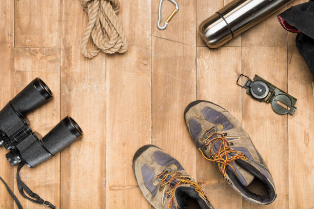 istock Traveler set on wooden background, flat lay 684977534