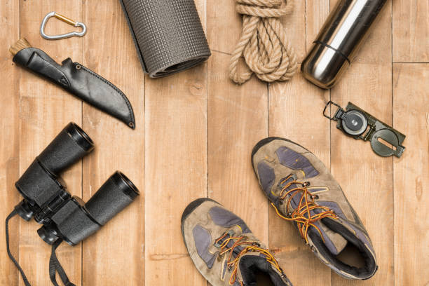 istock Traveler set on wooden background, flat lay 684977694