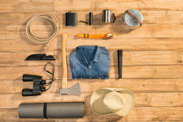 istock Traveler set on wooden background, flat lay 684977796